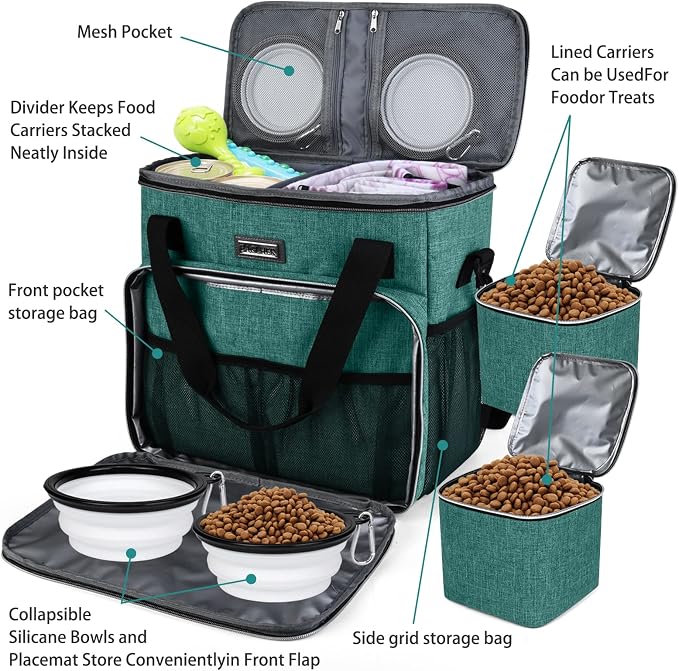 BAGLHER Pet Travel Set Airline-Approved Carrier for Small/Medium Cats & Dogs + Travel Bag with Food Containers & Silicone Bowls, Grey & Green - Image 5