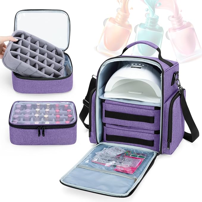 BAFASO Nail Polish Organizer Holds 48 Bottles (15ml - 0.5 fl.oz) and a Nail Lamp, Large Nail Polish Case with 2 Removable Pouches and Multiple Storage Sections (Patented Design), Purple | Fits for15ml - 0.5 fl.oz, Nail Polish Case with 2 Removable Pouc... - Image 2