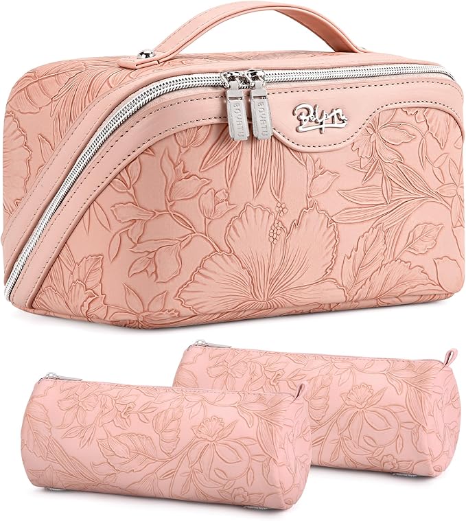 BOYATU Travel Makeup Bags Cosmetic Organizer Bag: 3-Set Large Capacity Make up Bag - PU Leather Toiletry Bags for Women - Wide Open Portable Pouch with Divider & Handle (01-Z-Pink) by BOYATU