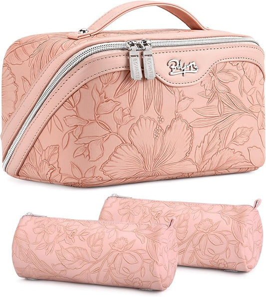 BOYATU Travel Makeup Bags Cosmetic Organizer Bag: 3-Set Large Capacity Make up Bag - PU Leather Toiletry Bags for Women - Wide Open Portable Pouch with Divider & Handle (01-Z-Pink) by BOYATU