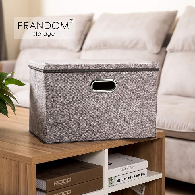 PRANDOM Large Foldable Storage Bin with Lid [1-Pack] Linen Fabric Decorative Storage Box Organizer Containers Basket Cube with Handles Divider for Bedroom Closet Office Living Room (17.7x11.8x11.8) - Image 2