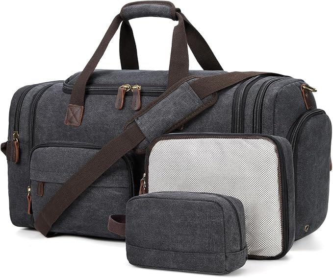 Mens Duffle Bag for Travel 60L Expandable Canvas Weekender Overnight Travel Duffel Bag with Shoe Compartment Carry-On for Airplanes Dark Gray by PPOBOW