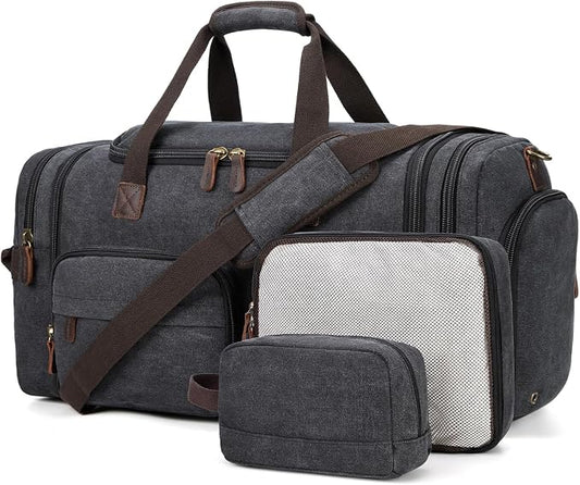 Mens Duffle Bag for Travel 60L Expandable Canvas Weekender Overnight Travel Duffel Bag with Shoe Compartment Carry-On for Airplanes Dark Gray by PPOBOW