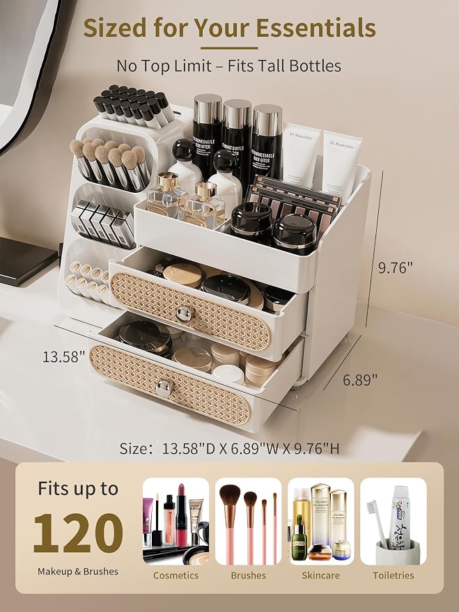 Booklov Large Makeup Organizer for Vanity and Bathroom Countertop, White | Plastic Cosmetic Display Case with Drawers, Beauty Brush Holder for Dresser Counter Skin Care Eyeshadow Lipstick Storage - Image 2