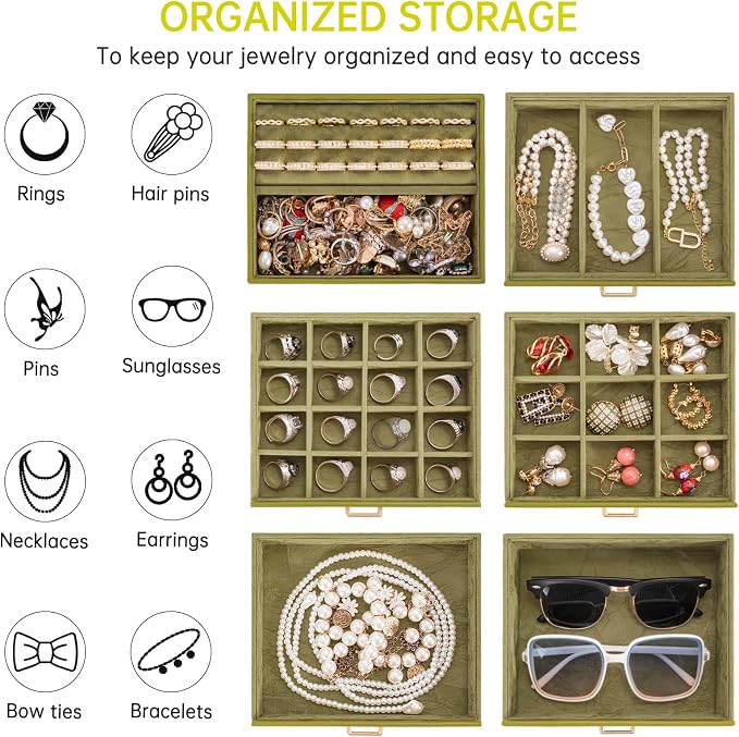 AKOZLIN 6-Tier Jewelry Box Organizer Functional 5 Drawers Leather Jewelry Storage Case for Women Girls Ring Necklace Earring Bracelet Holder Organizer with Mirror Medium Green - Image 3