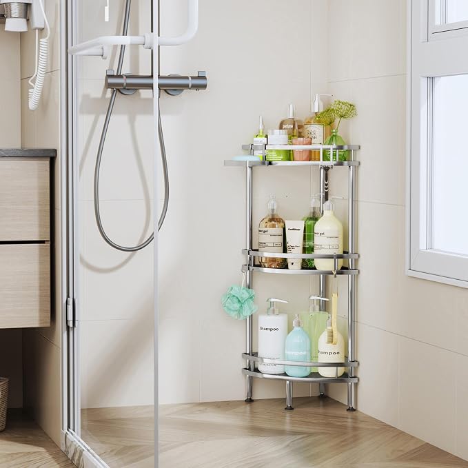 HapiRm Standing Corner Shower Caddy - 3 Tier Shower Organizer Corner with Soap Holder and 4 Hooks, Rustproof Bathroom Storage Shelves with Adhesives, Silver - Image 7