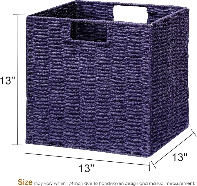 Vagusicc Wicker Storage Basket, Set of 2 Hand-Woven Paper Rope Wicker Basket, Foldable Cube Storage Bins, Square Large Storage Baskets for Organizing Shelves, Decor, Orange (13″×13″×13″) - Image 3