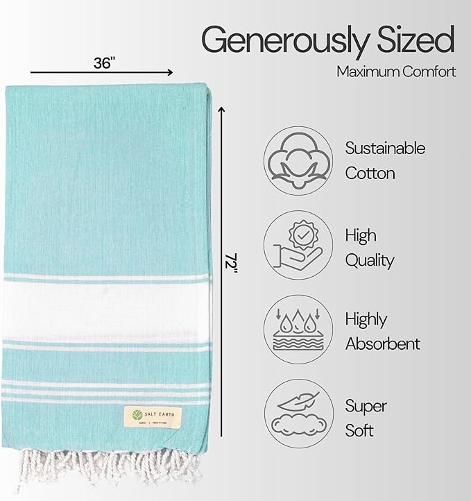 Salt Earth Cotton Turkish Beach Towel (Set of 2, 36"x72") - Soft, Quick Dry, Sand Resistant, Absorbent Towels for Bathroom, Home, Travel, Pool, Spa, Bath, Swim - Beach Towels Oversized (Aqua) - Image 6