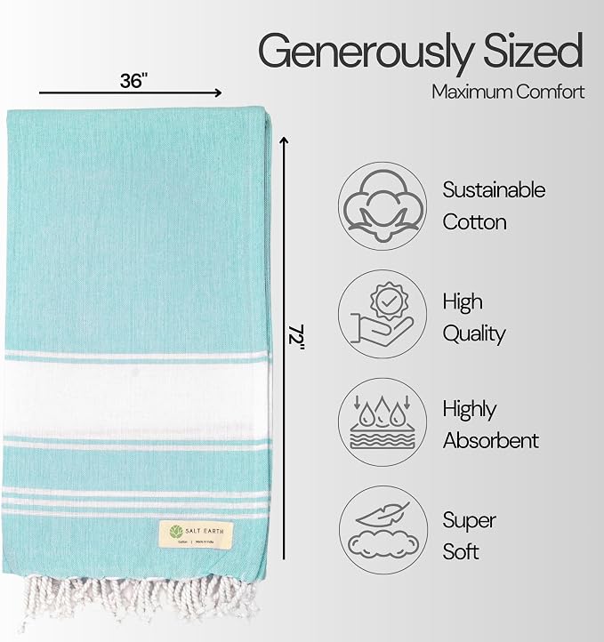 Salt Earth Cotton Turkish Beach Towel (Set of 4, 36"x72") - Soft, Quick Dry, Sand Resistant, Absorbent Towels for Bathroom, Home, Travel, Pool, Spa, Bath, Swim - Beach Towels Oversized (Aqua) - Image 6