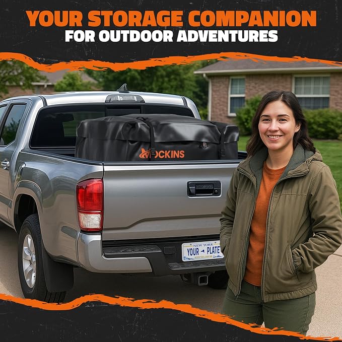 Mockins 30 CuFt Square Weatherproof Trailer Hitch Cargo Carrier Bag | 40"x40"x32" 500D PVC Cargo Bag for Hitch Carrier | Versatile Waterproof Truck Bed Storage Set w/ Buckle Straps, Lock & Case - Image 4