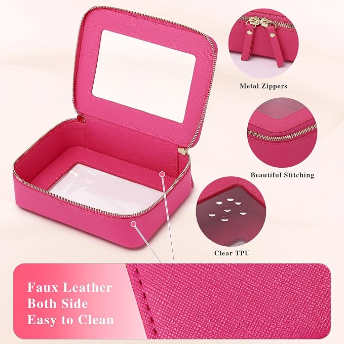Clear Makeup Bag Set 3 Piece Travel Case for Cosmetics and Toiletries Women's Makeup Organizer and Car Essential with Zipper (Fuxia, L+M+MINI) - Image 6