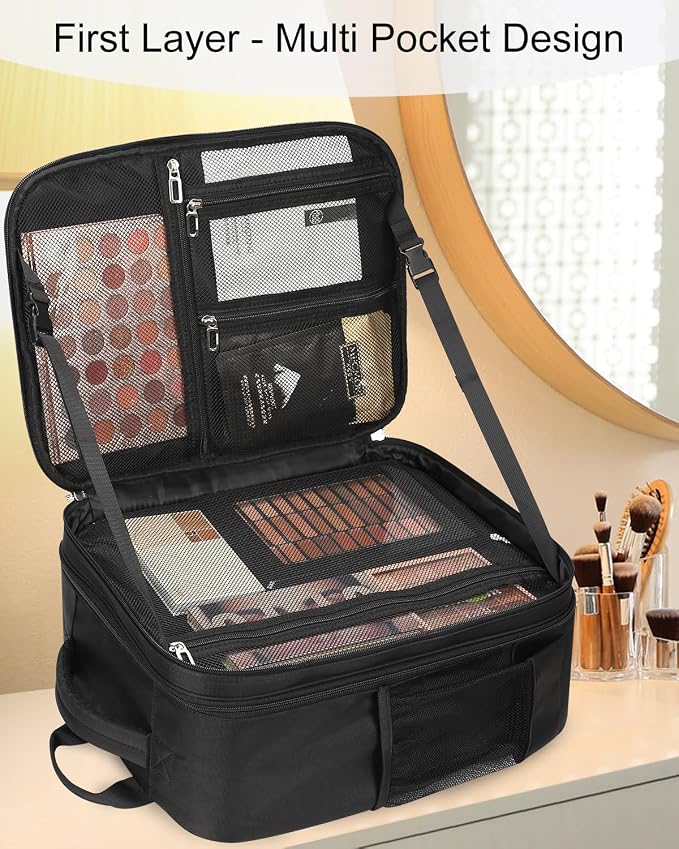 TANTO Makeup Backpack Professional Cosmetic Artist Bag Extra Large Travel Train Case Storage Organizer Double-Layer Cosmetic Case with 8 Pouch &Adjustable Divider (Black) - Image 2