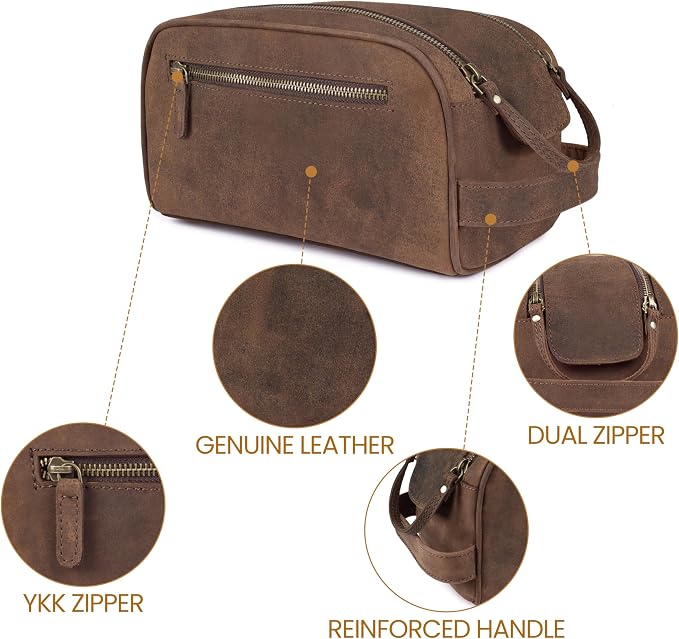 Leather Toiletry Travel Bag with Waterproof Lining, Large Capacity Vintage Dopp Kit, Shaving & Cosmetic Organizer for Men & Women - Brown - Image 3