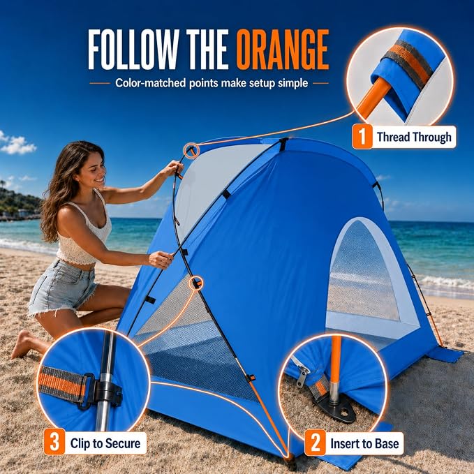 Beach Tent, Portable Sun Shelter for 2/3/4/6-8 Person with UPF 50+ UV Protection, Easy Setup Waterproof Beach Shade Canopy Cabana for Family Outdoor and Picnics, Fishing with Carrying Bag - Image 3