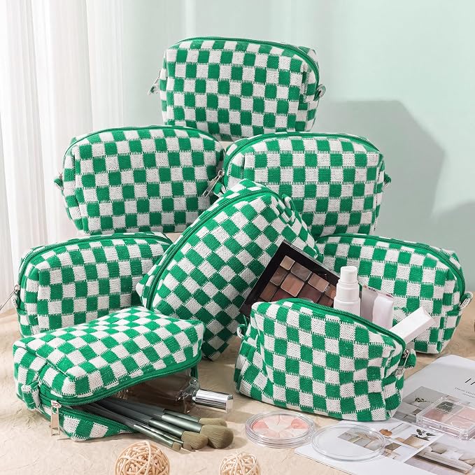 Gilprop 8 Pcs Checkered Makeup Bag for Purse Small Cosmetic Pouch Bulk Portable Zipper Makeup Pouch Travel Toiletry Organizer Gifts for Women Bridesmaid Wedding Party Favors (Dark Green) - Image 4