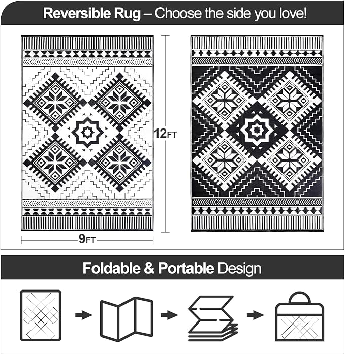 Waterproof Outdoor Rug 9x12ft, Boho Reversible Plastic Straw Mat for Patio RV Deck Porch Backyard Balcony Camping Picnic Beach Indoor Outdoor Carpet, Black&White - Image 2