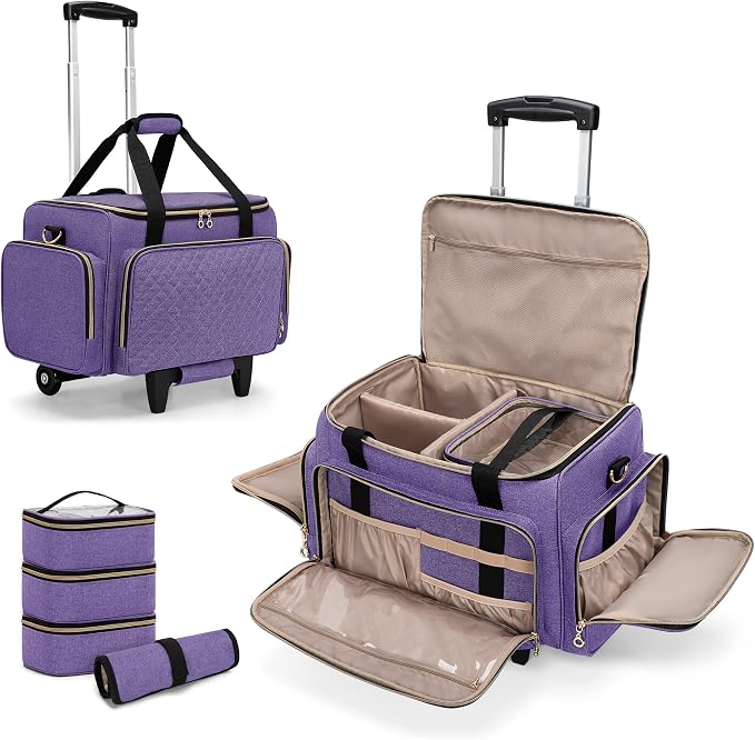 LUXJA Rolling Makeup Case with 3 Removable Makeup Bags and 1 Brush Holder | Large Cosmetic Bag with Detachable Shoulder Strap and Dolly, Professional Train Case with Multiple Storage Pockets, Purple by Luxja