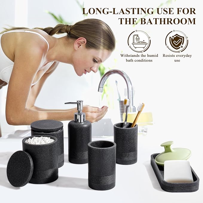 Bathroom Accessories Set, 6-Piece Bathroom Accessory Set, Toothbrush Holders Set, Soap Dispenser, Vanity Tray, Tumbler, Cotton Swab Jars, Bathroom Organizer for Modern Bathrooms(Black) - Image 4