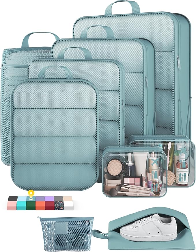 Veken 9/11 Set Compression Packing Cubes for Travel Essentials,Compressible Expandable Luggage Suitcase Organizer Bags with Garment Bag,Space Saver Bags with Over 1000 pcs of Mesh Holes(Blue Gray) by Veken