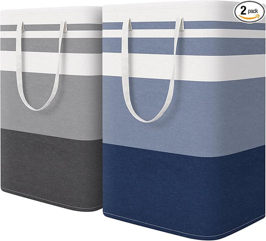 HomeHacks 2 Pack Large Laundry Baskets, Waterproof, Freestanding Laundry Hampers, Collapsible Clothes Hamper with Reinforced Handles in Laundry, College Dorm, Bathroom, Bedroom (Grey+Blue, 75Lx2) by HomeHacks