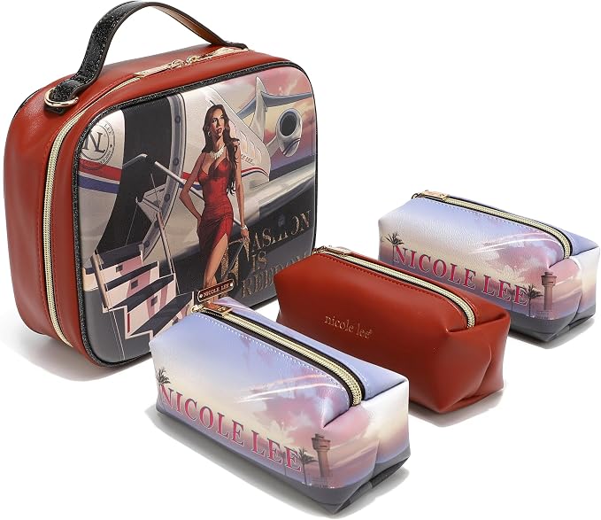Nicole Lee Travel Handbag Crossbody Set with 3 Fashion Print Makeup Pouches, Women's Cosmetic Toiletry Organizer (Travel in Fashion) by NicoleLee