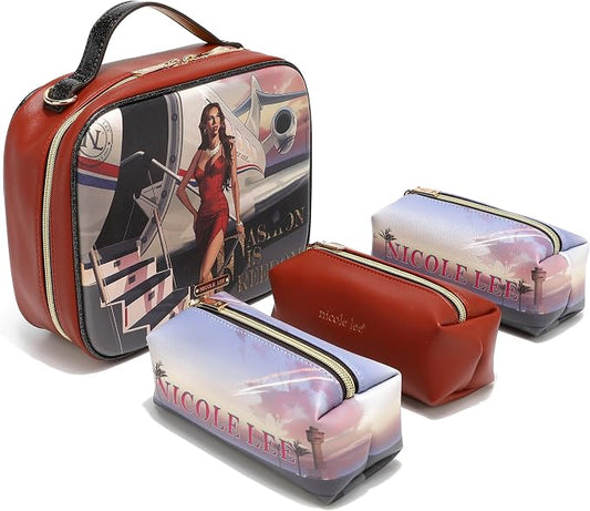 Nicole Lee Travel Handbag Crossbody Set with 3 Fashion Print Makeup Pouches, Women's Cosmetic Toiletry Organizer (Travel in Fashion) by NicoleLee