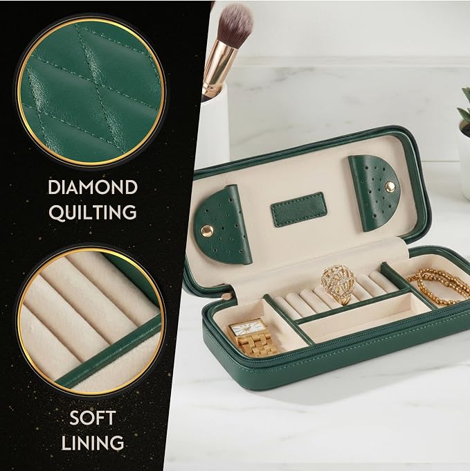 Bey-Berk Diamond-Quilted Leather Travel Jewelry Case, Green, 9" x 4" x 1.75" - Image 2