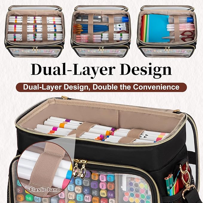 Large Marker Organizer Case for 200-300 Markers, Double-Layer Marker Bag with Removable Dividers, Marker Organizer for Markers, Pencils, Crayons or Other Art Supplies, Black (Bag Only) - Image 4