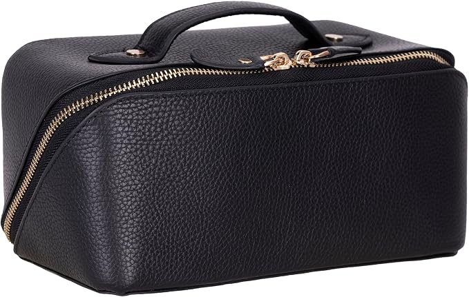 VENOULT Makeup Bag, Spacious Cosmetic Case for Women, Portable 180° Wide-Open Flat Cosmetic Bag, Travel Toiletry Organizer with Handle, Hanmdade, Full Grain Genuine Turkish Leather (Gravel Black) by VENOULT