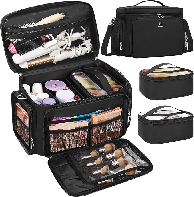 TANTO Large Makeup Organizer Bag, Professional Makeup Artist Bag Portable Travel Makeup Organizer with Detachable Dividers, 2 Pouches & Shoulder Strap, Cosmetic Storage for Beauty Enthusiasts by TANTO