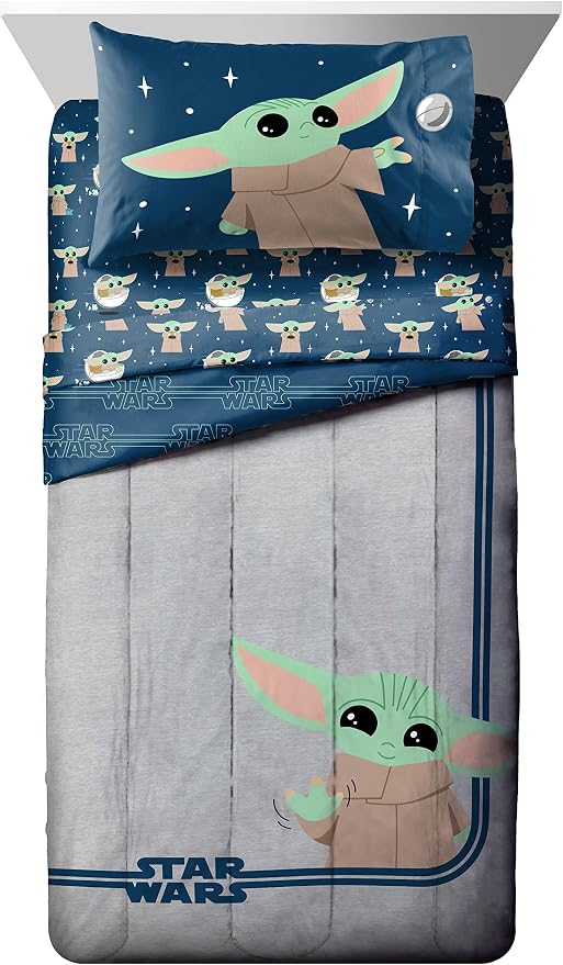 Star Wars Mandalorian Grogu Full Size Comforter Set 7 Piece Bedding, Gray | Baby Yoda, Bed in a Bag, Comforter Sheets Shams Pillowcases, Official Brand, Soft Microfiber, Machine Washable, Kids Gift - Image 2