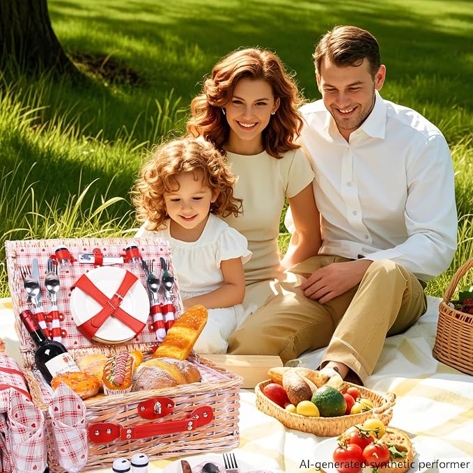 Picnic Basket Set for 4 with Waterproof Blanket Mat Insulation Bag Wicker Floral Pink Red Love Plaid Cute Kawaii Gift for Wedding Birthday Summer Camp Outdoor Camping Beach Travel Christmas - Image 7