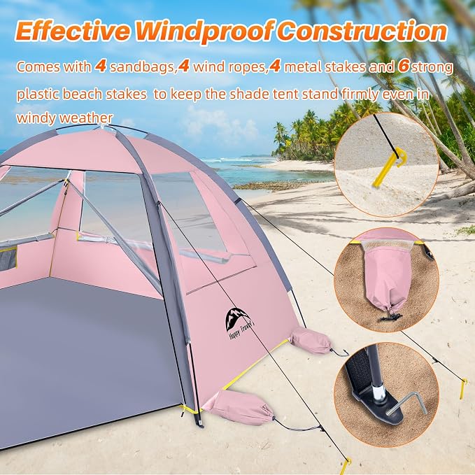 Happy Travel Beach Tent Sun Shelter for 3/4/5/6/7/8 Person, Portable UPF 50+ UV Protection Beach Shade Canopy for Family & Baby, Lightweight & Easy Setup Beach Cabana with 3 Ventilation Mesh Windows - Image 6