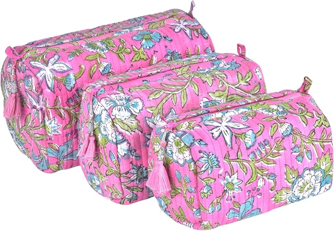 Quilted Floral Block Print Makeup Bag Set of 3 – Cotton Travel Toiletry and Makeup Organizer, Cosmetic Pouch, Toiletry Bag for Women, Cute Boho Coquette Make Up Bags for Women (Small, Medium, Large) by Vivanta