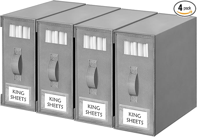 Criusia Bed Sheet Organizers and Storage, 4 Pack Foldable Linen Closet Organizers – Bedding Holder for Sheet Set (King/Queen Sizes), Duvet Covers, Blankets (Grey) by Criusia