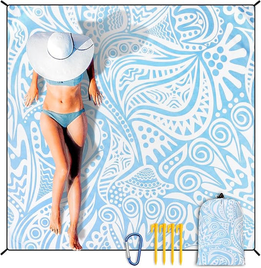 WIWIGO Beach Blanket Sandproof Extra Large Beach Mat Adults Waterproof Quick Drying Sand Free Mat Made By Premium Polyester with 4 Stakes & 4 Corner Pockets for Outdoor Travel Camping Hiking by WIWIGO