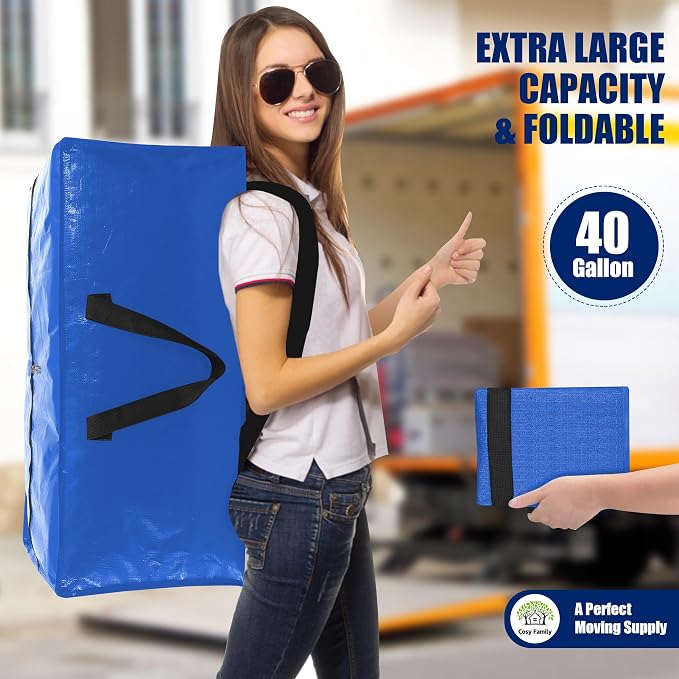 Cosy Family 8 Pack Heavy Duty Extra Large Moving Bags with Backpack Straps - Strong Handles & Zippers, Storage Totes For Space Saving, Fold Flat, Alternative to Moving Box (40 gal, Multicolored) - Image 7