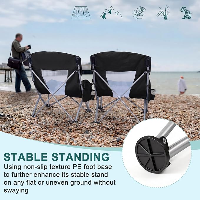 HaSteeL Low Beach Chairs for Adults, Lightweight Camping Folding Chair with Carrying Bag, Portable for Outdoors Lawn Backyard Patio RV Trip Fishing Sport Tailgating, Support 300LBS, Black, 2 Pack - Image 6