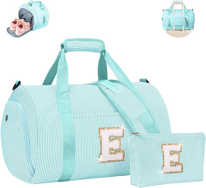 Tween Girl Gifts Trendy Stuff, Girls Travel Duffle Bag, Kids Initial Overnight Bags with Shoe Compartment, Personalized Weekend Bag with Cosmetic Pouch, Preppy Stuff (Letter E) by Vogewood