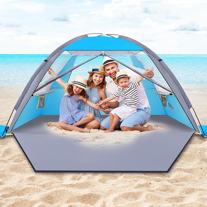 Happy Travel Beach Tent, UPF 50+ UV Protection Sun Shade Shelter for 3/4/5/6/7/8 Person, Portable Beach Canopy for Family & Baby, Lightweight & Easy Setup Beach Cabana with 3 Ventilation Mesh Windows by HappyTravel