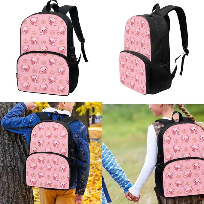 Axolotl Donuts Backpacks for Kids, Girls Backpack School Bookbags with Insulated Lunch Box Pencil Case 3 in 1, Lightweight Sports Backpack - Image 3