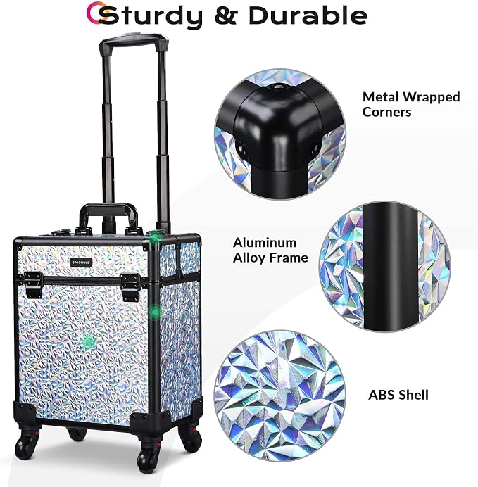 BYOOTIQUE Rolling Makeup Case Cosmetology case on wheels Makeup Artist Nail | Aluminum Rolling Makeup Suitcase with 360° Detachable Wheel Lockable 44Lb Large Capacity Organizer Nail Tech Mermaid Silver - Image 5