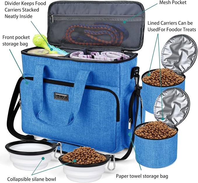 BAGLHER Dog Travel Bag, Pet Travel Bag (ALL Pet Travel Supplies), With 2 Pet Food Containers and 2 Collapsible Silicone Bowls; Essential Kits for Pet Travel Blue - Image 5