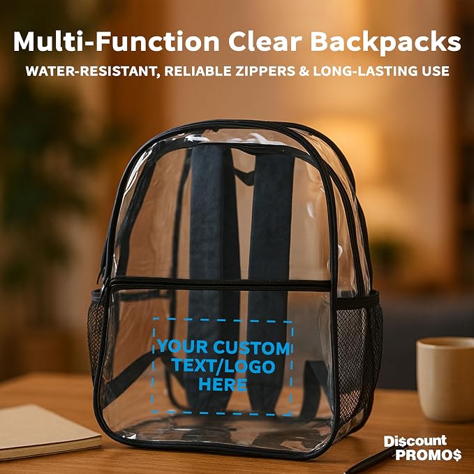 DISCOUNT PROMOS Custom Clear PVC Plastic Backpacks Set of 6/12/24, Personalized Bulk Pack - Water Resistant, Perfect for Travel, Outdoor - Clear Black - Image 4