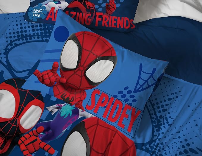 Jay Franco Kids Sheet Set with Fitted, Flat Sheets & Pillow Cover - Ultra-Soft Bedding with Pillowcase for Room Decor, White - Spidey & Friends, 4 Piece Full - Image 6