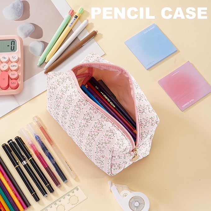 Makeup Bag Travel Toiletry Bag for Women, Small Cosmetic Bags Cute Quilted Cotton Makeup Pouch for Purse Emergency Bag Pencil Case Accessory Bag, Pastel Pink - Image 6