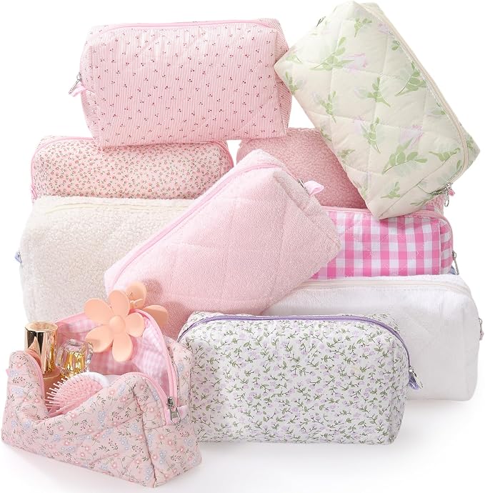 Paterr 10 Pcs Quilted Makeup Bag Bulk Cotton Floral Cosmetic Bag Women Girls Bridesmaid Gifts Cute Makeup Pouch Coquette Aesthetic Travel Toiletry Organizer(Purple Floral,7.87 x 4.72 x 3.15 Inches) by Paterr
