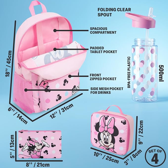 Get Trend Disney Minnie Mouse Kids Backpack 4 Piece Set | 18 inch Bookbag, Insulated Lunch Bag, Zipped Pencil Case & BPA-Free Water Bottle for School & Travel, Gifts for Girls - Image 3
