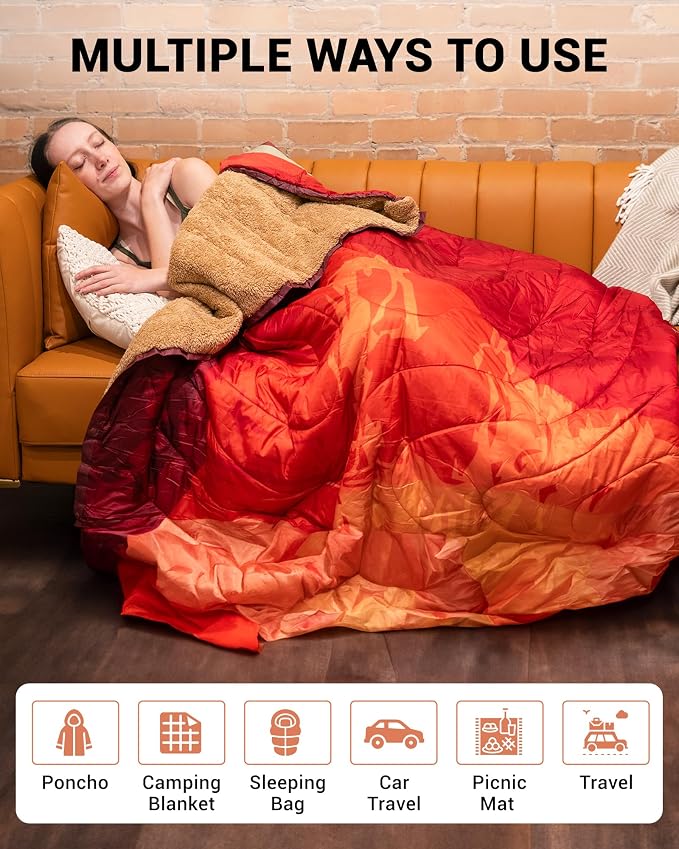 KingCamp Large Camping Blanket with Sherpa Lining, Packable Down Alternative Puffy Printed Wearable Blanket with Snap Buttons, Warm Weatherproof Quilt for Outdoor Travel (79" L x 57" W, Orange) - Image 6