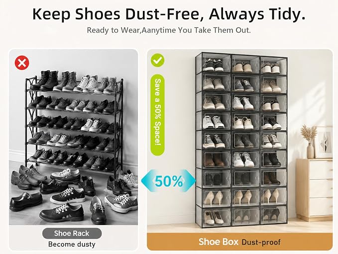 Kuject X-Large Shoe Storage Boxes Organizers Clear Plastic Stackable 12 Pack, Shoe Rack & Holder Substitute, Sneaker Containers, Toy Storage Organizer Bins for Entryway, Closet, Under Bed, Black - Image 5